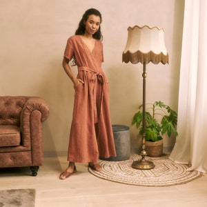 Wrap linen jumpsuit, terracotta linen jumpsuit, orange linen jumpsuit wide trousers, linen jumpsuit with belt, pockets linen jumpsuit, v neck linen jumpsuit