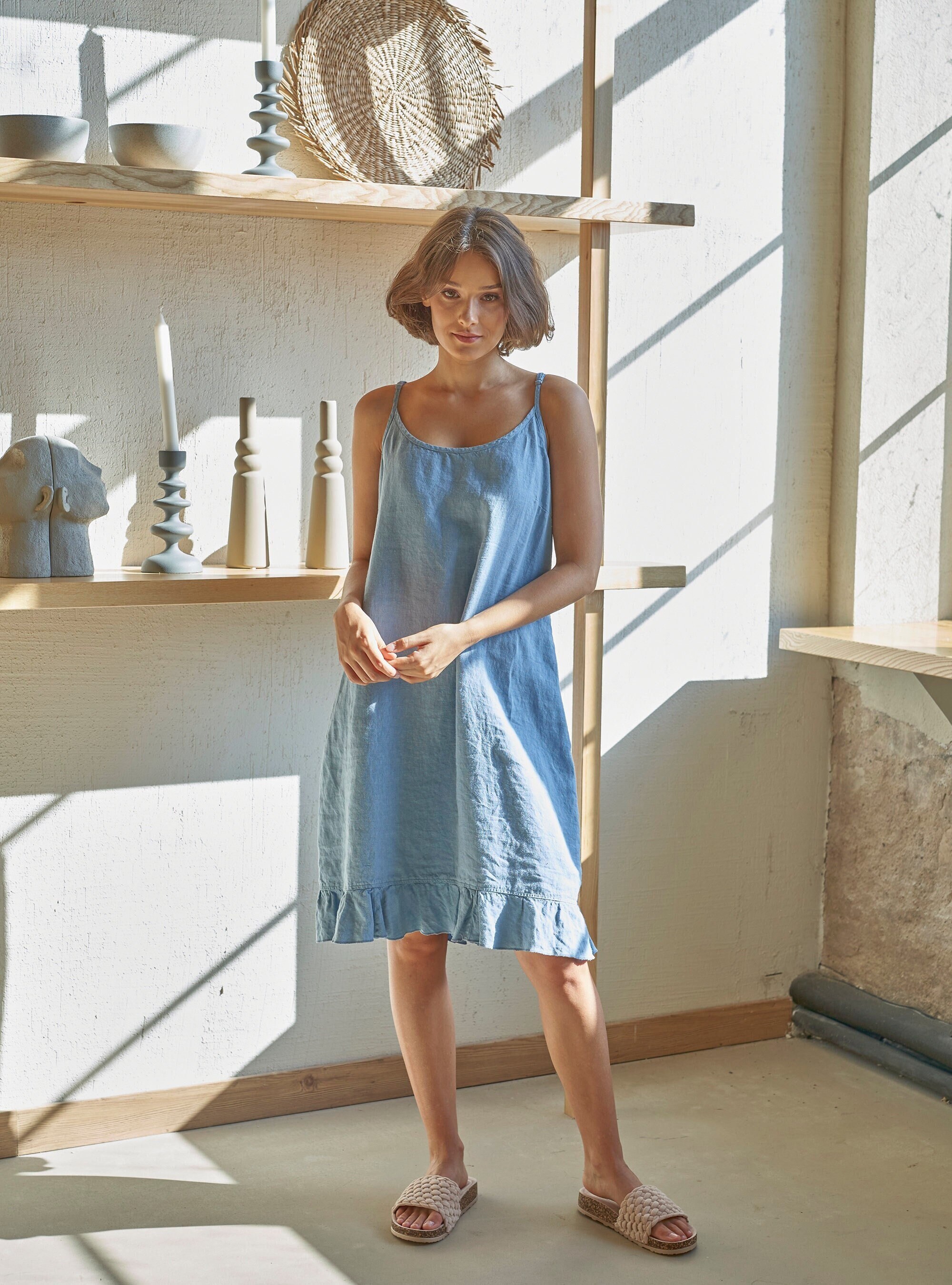 Spaghetti Straps Ruffled Hem Blue Linen Mini Dress With Pockets, Strappy  Blue Linen Short Dress, Sleeveless Linen Night Dress in Steel Blue - Etsy