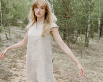 SAMPLE SALE V neck cap sleeves ivory linen mini dress with deep pockets, Decorated collar beige short linen dress DELIGHT in Natural Size S