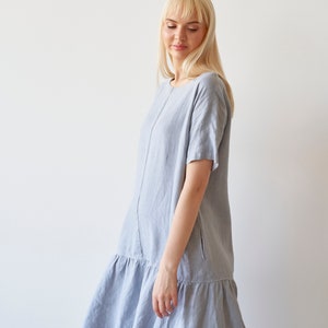 Gray dropped waist dress, Low waist linen dress with pockets, Short sleeves linen dress MELODY in Silver (grey) Gray dropped waist dress, Low waist linen dress with pockets, Short sleeves linen dress MELODY in Silver (grey)