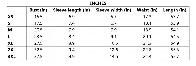 Linen Feels women's linen clothing US sizing table in inches