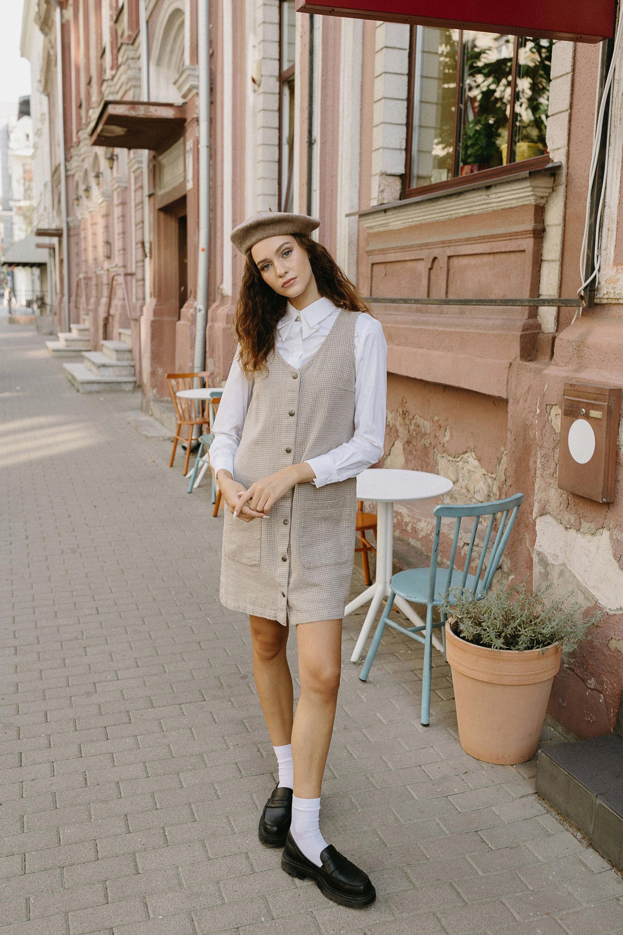 brown check pinafore dress Beige Gingham Check Ellie Mini Pinafore Dress