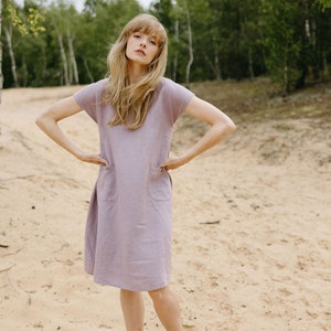 Buttoned back purple linen mini dress, A line lilac linen dress with pockets, Cap sleeves short mini linen dress INSPIRATION in Lavender