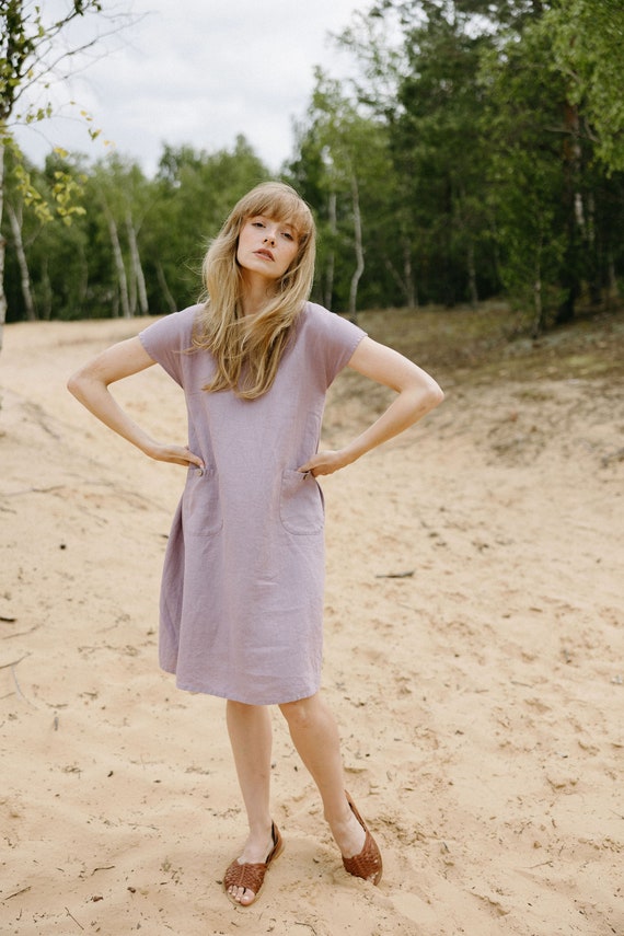 Lavender Linen Mini Dress, Buttoned Back, Short Sleeve - Etsy