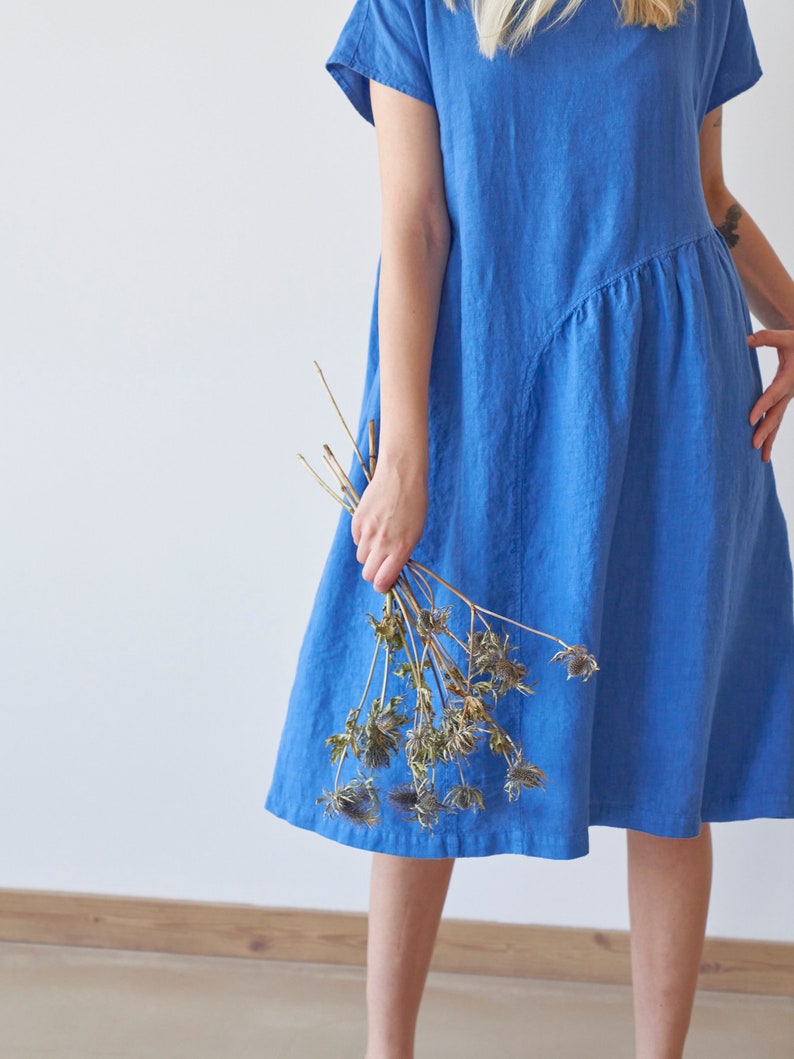 Asymmetric front dress, asymmetric linen dress, blue linen dress, short sleeves linen dress, midi linen dress