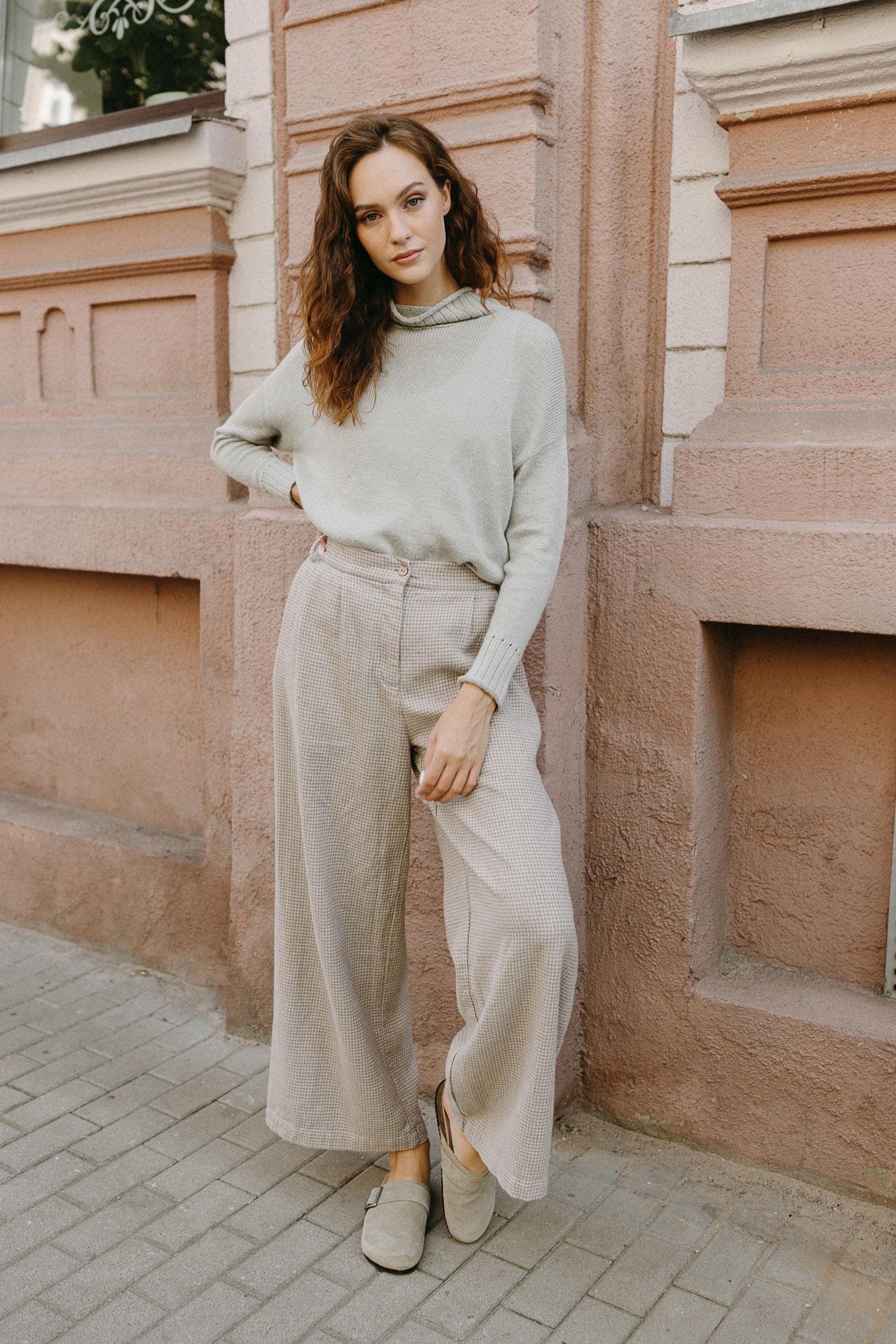 Front Pleat Zip Fly Button Closure Plaid Wide-leg Pants