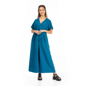 Wrap linen jumpsuit, short sleeves linen jumpsuit, turquoise linen jumpsuit, wide legs linen jumpsuit, culottes linen jumpsuit