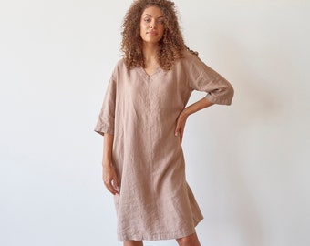 V neck cropped sleeves beige linen dress with pockets, Balloon shape loose light brown linen midi dress