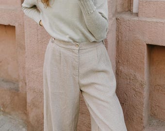 Front Pleat Zip Fly Button Closure Plaid Wide-leg Pants, Elastic