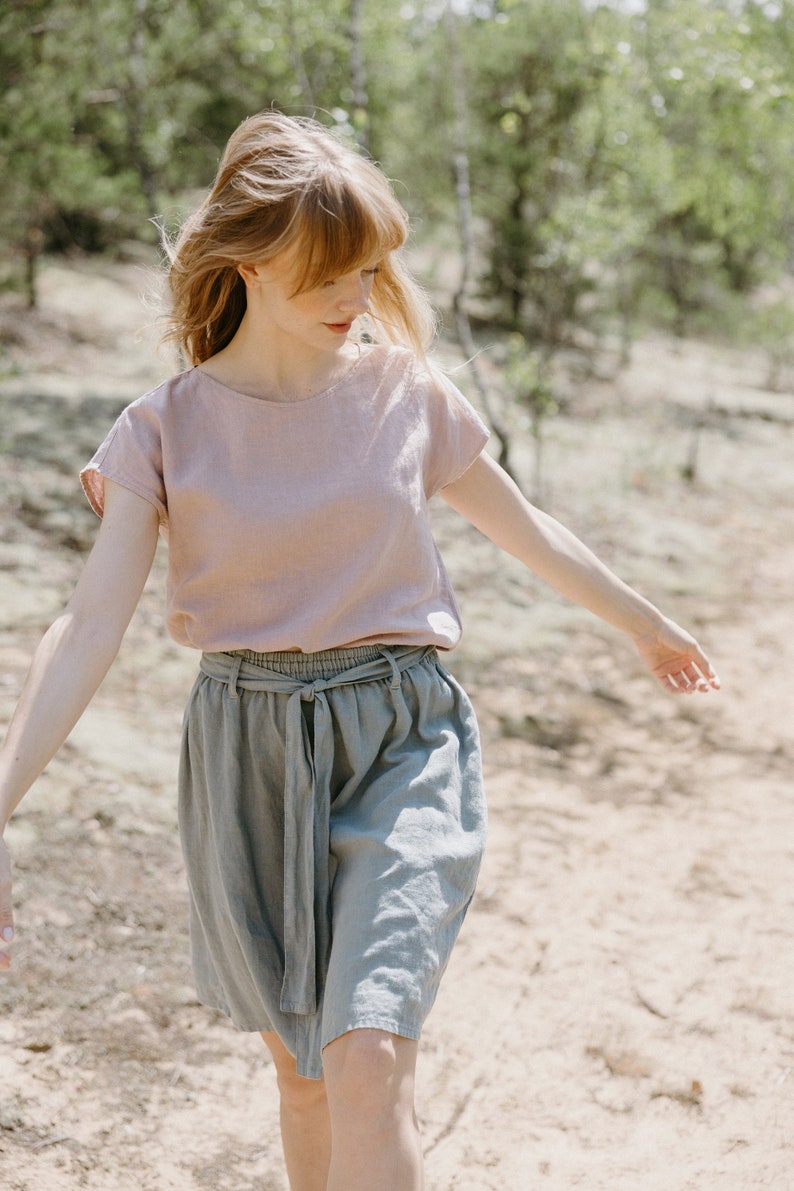 Belted mini linen skirt in Sage green, shirt linen skirt with belt in Sage green.