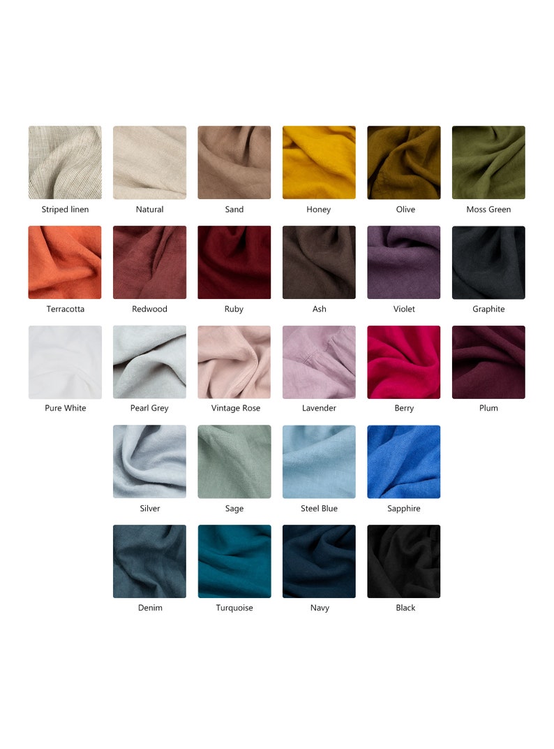 Linen Feels color swatches, striped linen, natural, sand, honey, olive, moss green, terracotta, redwood, ruby, ash, violet, graphite, pure white, peal gray, vintage rose, lavender, berry, plum, silver gray, sage green, steel blue, sapphire, denim...