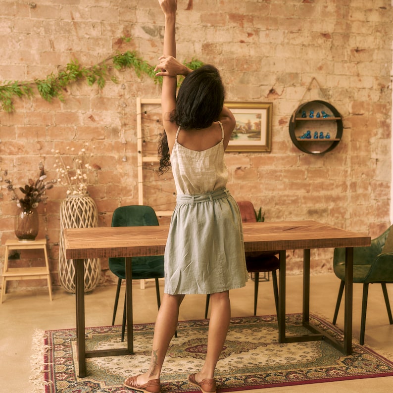 Belted mini linen skirt in Sage green, shirt linen skirt with belt in Sage green.