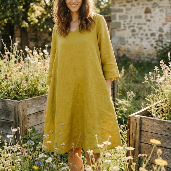 V Neck Green Heavy Linen Dress, Cropped Sleeves Loose Knee Length Dress, Warm Side Pockets Voluminous Tunic in Golden Lime GOLDEN HOUR - Etsy V Neck Green Heavy Linen Dress, Cropped Sleeves Loose Knee Length Dress, Warm Side Pockets Voluminous Tunic in Golden Lime GOLDEN HOUR - Etsy