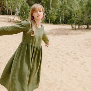 Flared green linen dress with pockets, Long sleeves linen dress AURA in Moss Green