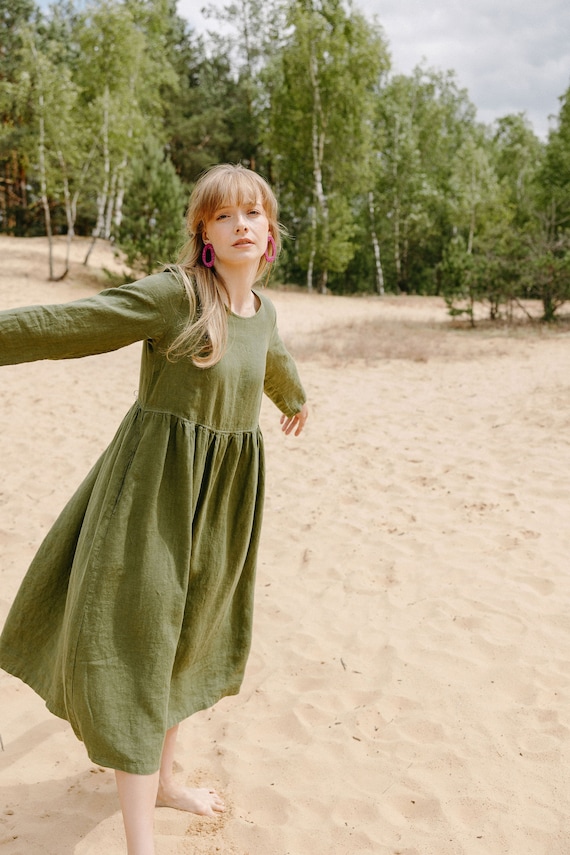 Flared Green Linen Dress With Pockets, Long Sleeves Linen Dress AURA in Moss  Green - Etsy