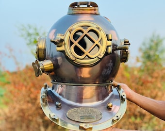 Brown Scuba Diving Helmet ~ Mark V 18" Inch Scuba Diving Helmet With Wooden Base ~ Maritime Ship's Decorative Helmet ~ Best Décor Gift