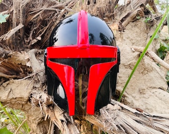 Capacete de aço Mandaloriano vermelho e preto, capacete de Halloween de Star Wars