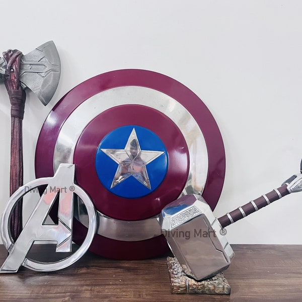 Full Set of Marvel. Thor Stormbreaker Axe. Marvel Legends Thor Hammer Marvels Avengers logo plaque in silver finish. Captain America Shield