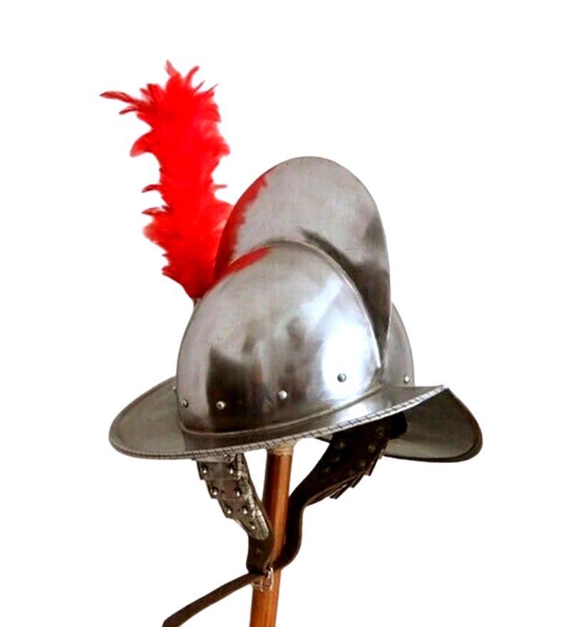 Medieval conquistador Helmet with red Plumb, Spanish Fantasy Helmet, image 1