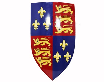 King Richard The Lionheart Decorative Steel Shield Royal Coat of Arms  28&quot; Handcrafted Red & Blue in color.
