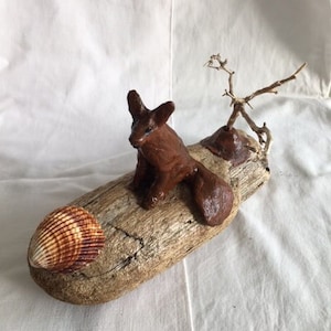 Der Fuchs auf Treibholz zwischen Strand und Wald