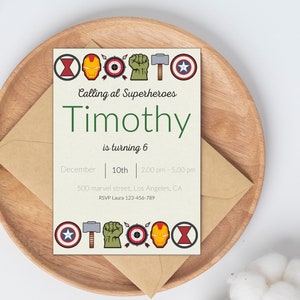 superhero birthday invitation, editable template instant download, avengers theme, comic party invite
