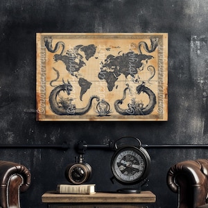 May include: A vintage-style world map print with a black and white design featuring dragons. The print is framed and hanging on a dark wall with two industrial-style lamps on either side. The print is sitting above a wooden chest with a metal latch and two leather armchairs.