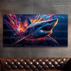Vibrant Great White Shark Poster Print or Canvas | Underwater Painting Wall Art | Colorful Shark Poster for Ocean Lovers | Unique Home Decor
