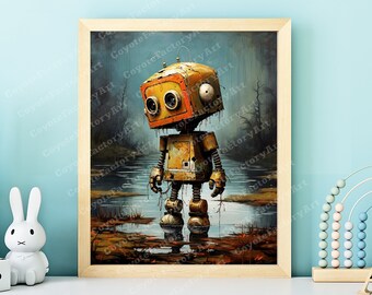 Retro Robot Nursery Art Print or Canvas, Vintage Kids Room Decor