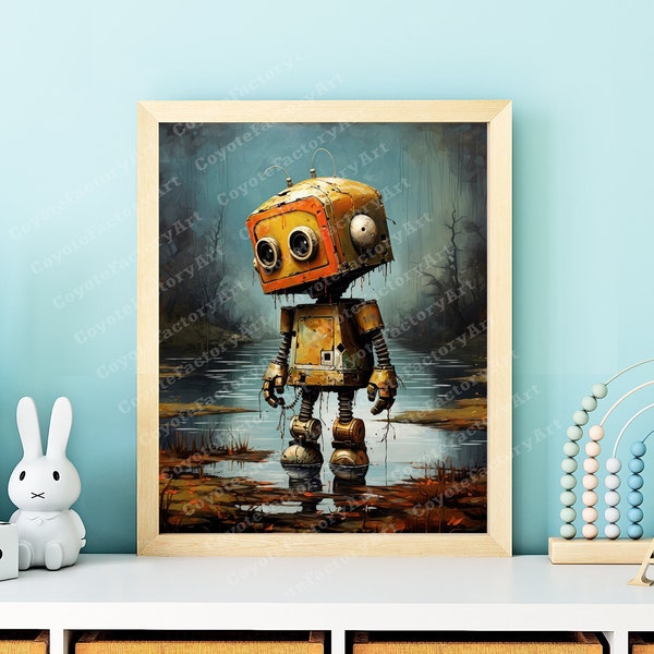 Retro Nursery Cute Robot Poster Print or Canvas, Vintage Children Wall Art, Boy Room Decor Print, Kids Home Decor