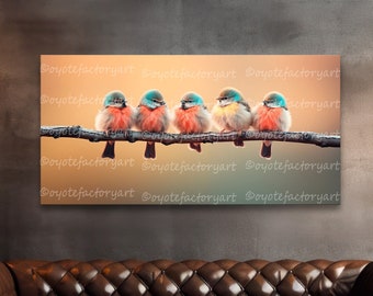 May include: Five colorful birds perched on a branch against a blurred background of a sunrise. The birds are blue, red, and orange with black eyes. The branch is brown and the background is a gradient of orange, yellow, and pink.