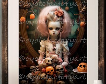 Puede incluir: Una impresión enmarcada de una muñeca con cabello rosado y un vestido blanco sosteniendo una calabaza. La muñeca está rodeada de calabazas y calabacines. La impresión está sobre un fondo oscuro.