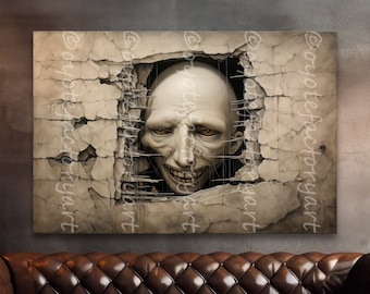Creepy Face Surreal Painting, Scary Portrait Poster Print or Canvas, Macabre Dark Art, Locked in a Wall, Weird Home Decor, Horror Disturbing