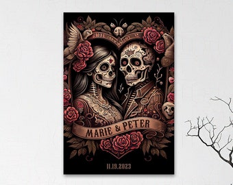 Personalized Day of the Dead Wedding Print – Gothic Skeleton Art, Custom Names
