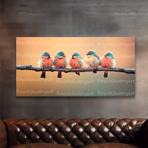 Birds on a Branch, Family of 5 Cute Little Birds Wall Art, Birds Family Canvas Wrapped, Peaceful Home Decor, Gift For Mom