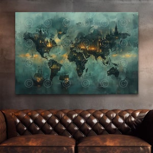 World Map Poster Print or Canvas, Abstract Map, Victorian Map with Boats, Travel Decor, Gift For Dad, Living Room Decor