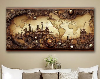 Steampunk World Map Canvas Wall Art, Brown Beige Retro Abstract Wall Decor, Unique Industrial Avant Garde Art, Living Room Decor