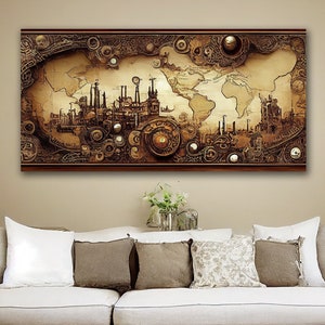 Antique Steampunk World Map Canvas Wall Art, Gift For dad, Unique Industrial Avant Garde Art, Living Room Decor, Brown Beige Retro Abstract