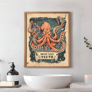 Octopus Brush Your Teeth Bathroom Rules Poster Print or Canvas, Vintage Bathroom Wall Art, Retro Funny Home Decor For Kids
