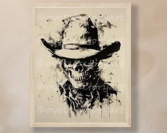 Cowboy Skull Portrait Drawing Poster Print or Canvas, Cowboy Skeleton Decor, Western Gothic Southwestern Wall Art