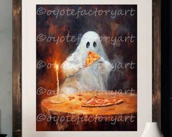 Ghost Eating Pizza, Painting Print or Canvas, Dark Academia Home Decor