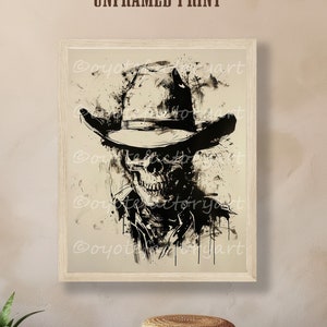 Cowboy Skull Portrait Drawing Poster Print or Canvas, Cowboy Skeleton Decor, Western Gothic Southwestern Wall Art