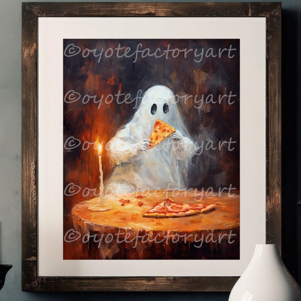 Ghost Eating Pizza, Painting Print or Canvas, Dark Academia Home Decor