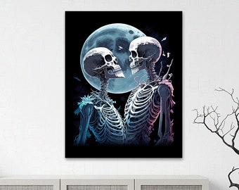 Skeleton Couple Art Print, Gothic Romantic Moon Skull, Love Wall Decor