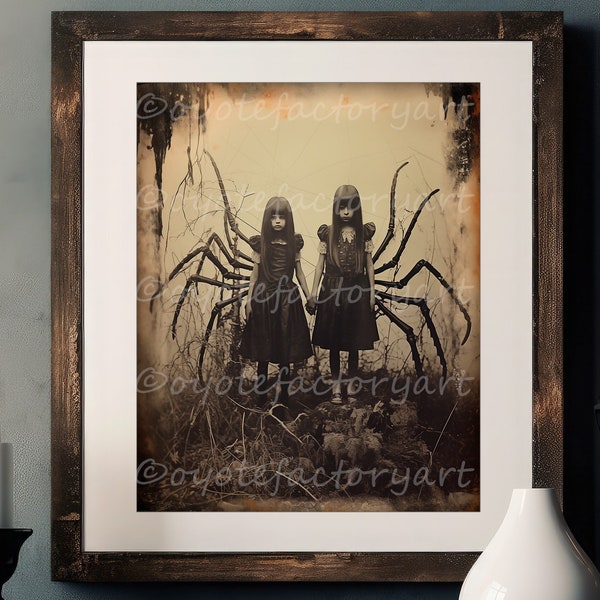 Weird Creepy Girls, Freaky Spider Sisters, Odd Vintage Scary Poster Print or Canvas, Antique Bizarre Quirky Art