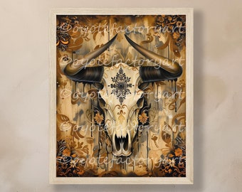 Texas Longhorn Bull Skull Illustration Poster Print or Canvas, Boho Chic Home Decor, Western Wall Art, Southwestern Farmhouse Art