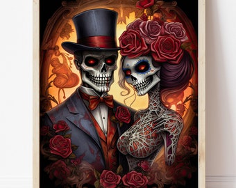 Day of the Dead Wedding Print, Gothic Valentine's Gift, Bride and Groom