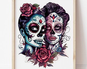 Lesbian Couple Day of the Dead Print, LGBT Pride Gothic Art
