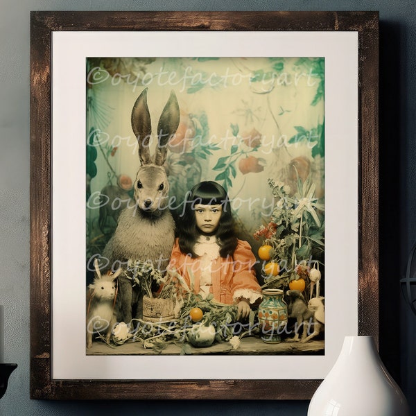Cute Girl with Weird Rabbit, Oddities and Curiosities, Vintage Weird Funny Child, Retro Disturbing Spooky Poster Print or Canvas