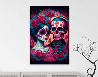 Day Of The Dead Wedding Print, Sugar Skull Couple Art (AI Generated)